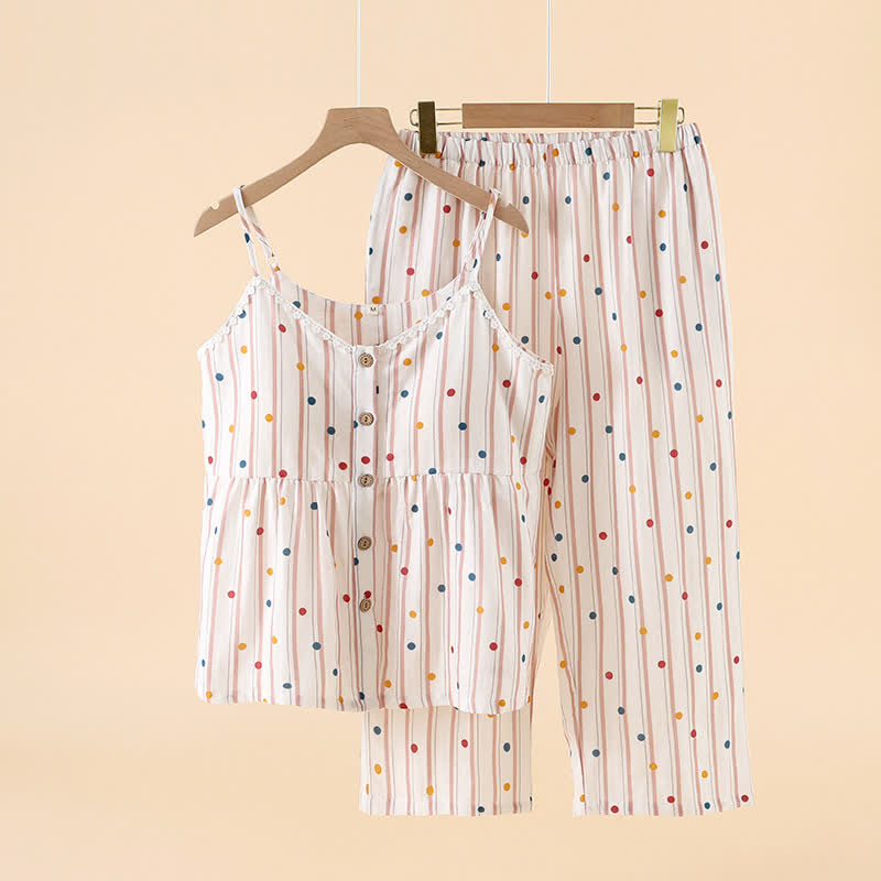 Gestreiftes Baumwoll-Pyjama-Set mit Polka-Dot-Top - Hellbraun - XXL - image 10