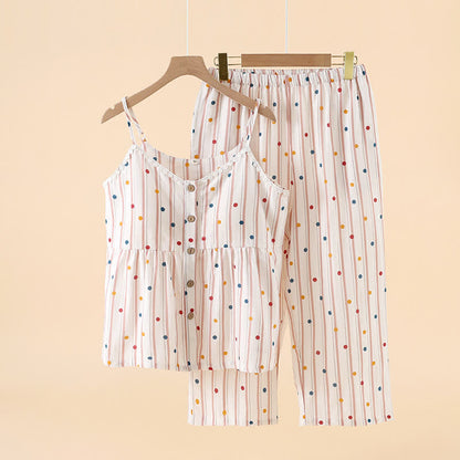 Gestreiftes Baumwoll-Pyjama-Set mit Polka-Dot-Top - Hellbraun - XXL - image 10