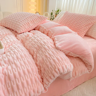 Bettwäsche-Set aus einfarbigem, strukturiertem Plüsch - Rosa - Bettwäsche-Set (4-teilig) - 220cm x 240cm - image 0