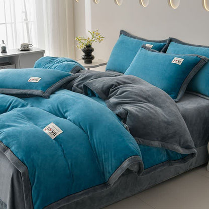 Wendbares, warmes Plüsch-Bettwäscheset (4-teilig) - Blau + Dunkelgrau - 220cm x 240cm - image 6