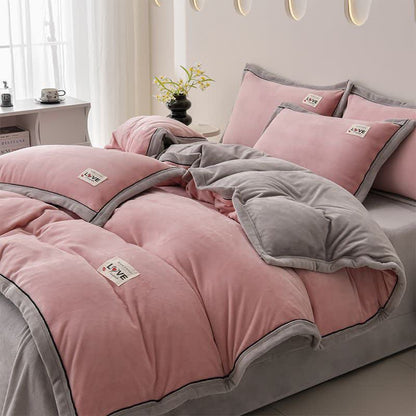 Wendbares, warmes Plüsch-Bettwäscheset (4-teilig) - Rosa + Hellgrau - 220cm x 240cm - image 8