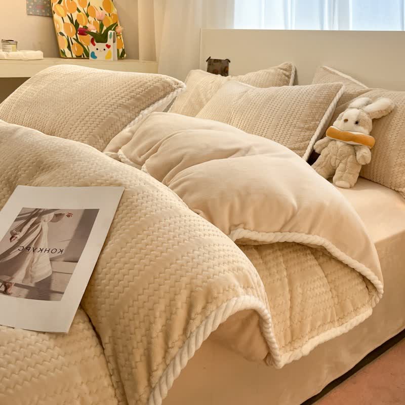 Bettwäsche-Set mit Wellenstreifen-Jacquardmuster aus Plüsch - Aprikose - Bettwäsche-Set - 220cm x 240cm - image 2