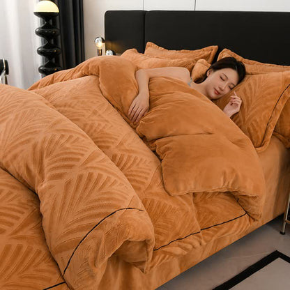 Bettwäsche-Set mit blattförmigem, strukturiertem Plüschmuster (4-teilig) - Orange - 220cm x 240cm - image 0