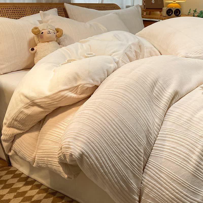 Bettwäsche-Set mit vertikalen Streifen und strukturierter Plüschoberfläche (4-teilig) - Beige - 220cm x 240cm - image 3