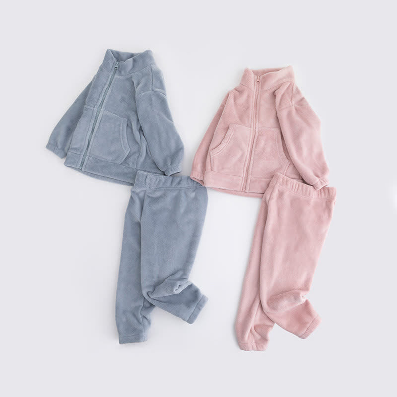 Einfarbiges Plüsch-Loungewear-Set für Kinder mit Reißverschluss - image 1