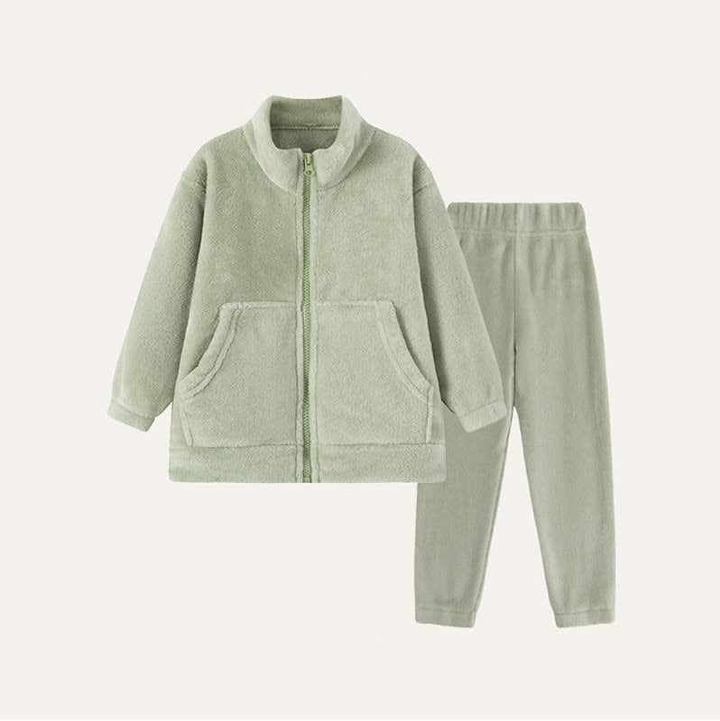 Einfarbiges Plüsch-Loungewear-Set für Kinder mit Reißverschluss - Grün - Kind: 170 cm - image 2