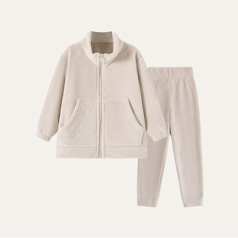 Einfarbiges Plüsch-Loungewear-Set für Kinder mit Reißverschluss - Beige - Kind: 160 cm - image 7