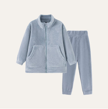 Einfarbiges Plüsch-Loungewear-Set für Kinder mit Reißverschluss - Blau - Kind: 160 cm - image 6