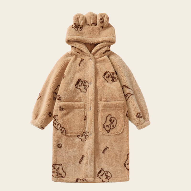 Bärenohren Kapuzen-Plüsch-Kinderbademantel mit Knöpfen - Khaki - Kind: 160-170 cm - image 5