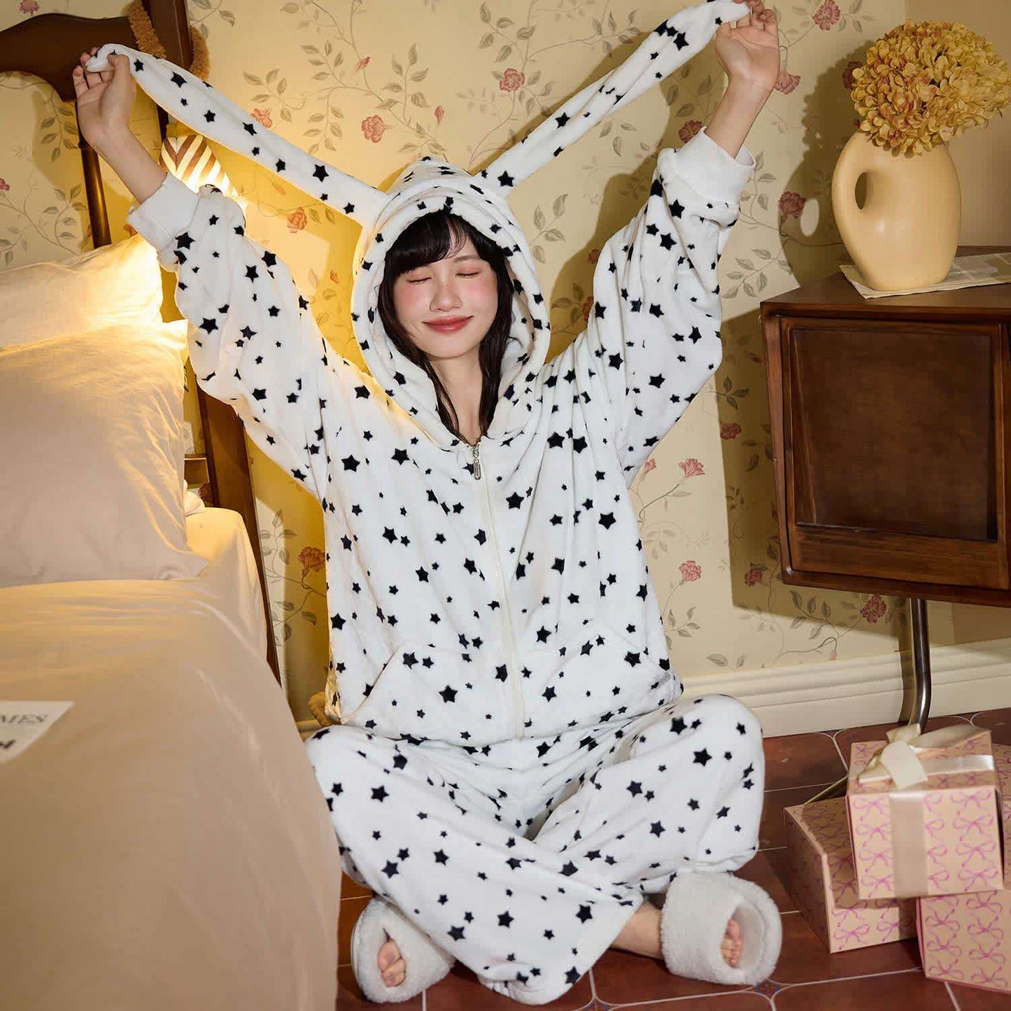 Hasenohren-Kapuzen-Plüsch-Loungewear-Set mit Reißverschluss - Weiß - 2XL - image 0