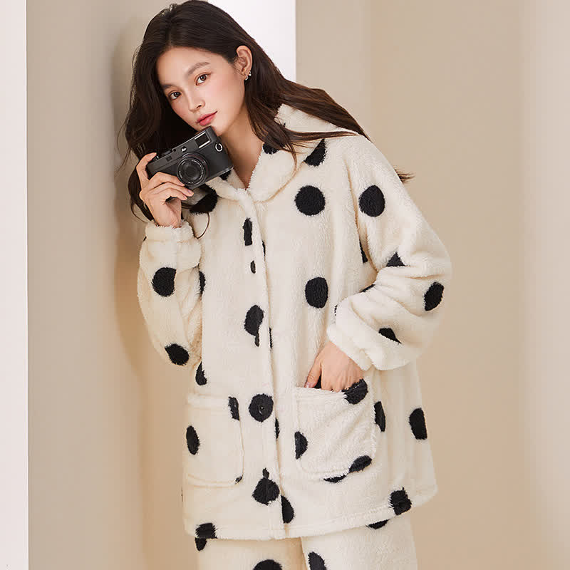 Polka Dot Kapuzen-Plüsch-Loungewear-Set - Weiß - 2XL - image 0