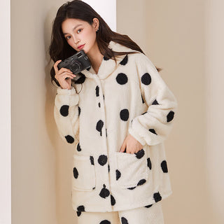 Polka Dot Kapuzen-Plüsch-Loungewear-Set - Weiß - 2XL - image 0