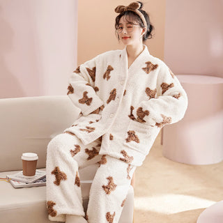 Niedliches Bärenknopf-Plüsch-Loungewear-Set - Weiß - 2XL - image 0