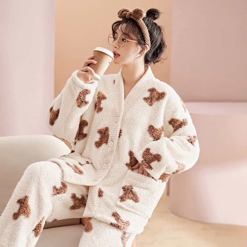 Niedliches Bärenknopf-Plüsch-Loungewear-Set - image 5