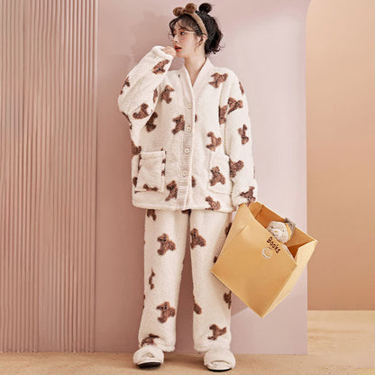 Niedliches Bärenknopf-Plüsch-Loungewear-Set - image 1