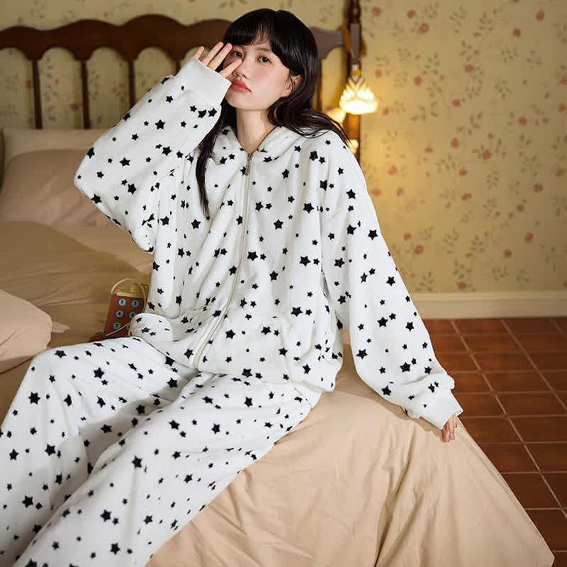 Hasenohren-Kapuzen-Plüsch-Loungewear-Set mit Reißverschluss - image 1