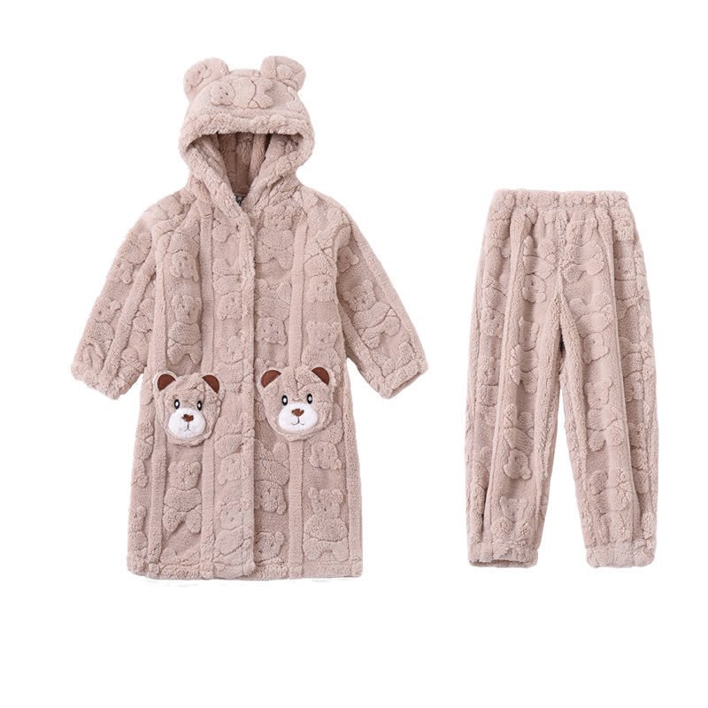 Bärenohren-Kapuzen-Plüsch-Kinderbademantel mit Knöpfen - Khaki - Bademantel mit Hose - Kind: 170–180 cm - image 7
