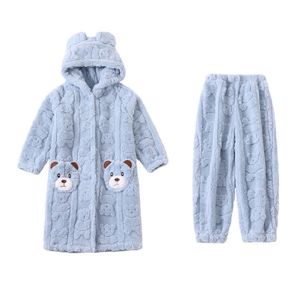 Bärenohren-Kapuzen-Plüsch-Kinderbademantel mit Knöpfen - Blau - Bademantel mit Hose - Kind: 170–180 cm - image 11