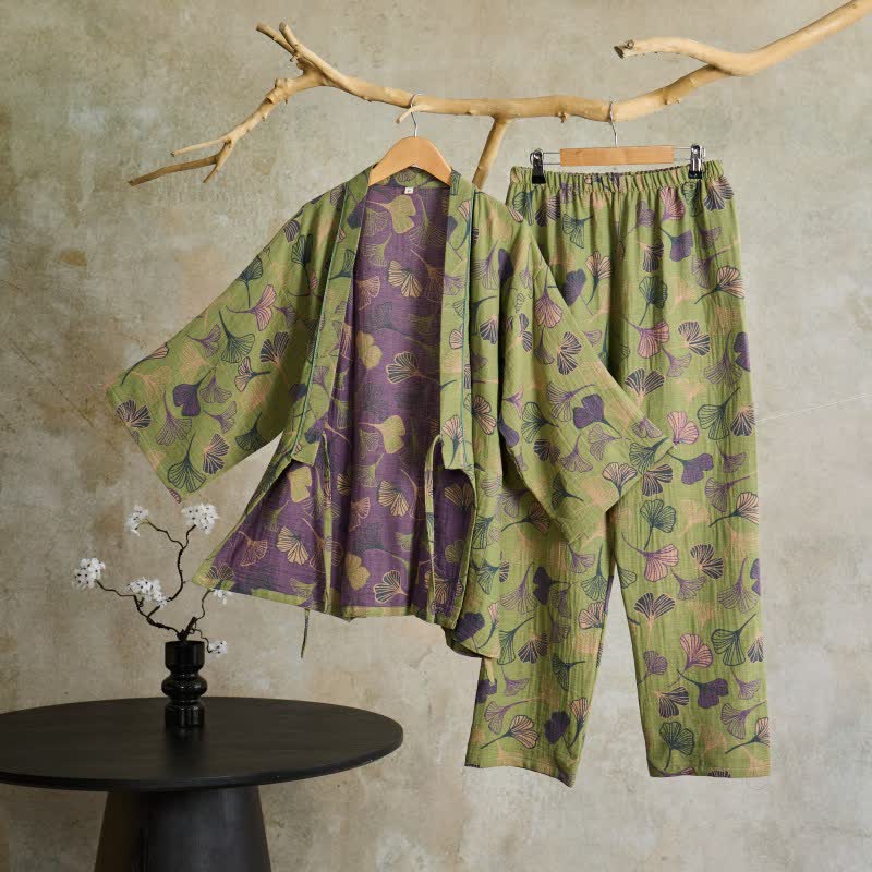 Kimono-Loungewear-Set aus Ginkgo-Baumwollgaze - Hellgrün - XL - image 47