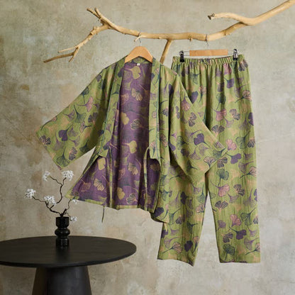 Kimono-Loungewear-Set aus Ginkgo-Baumwollgaze - Hellgrün - XL - image 47