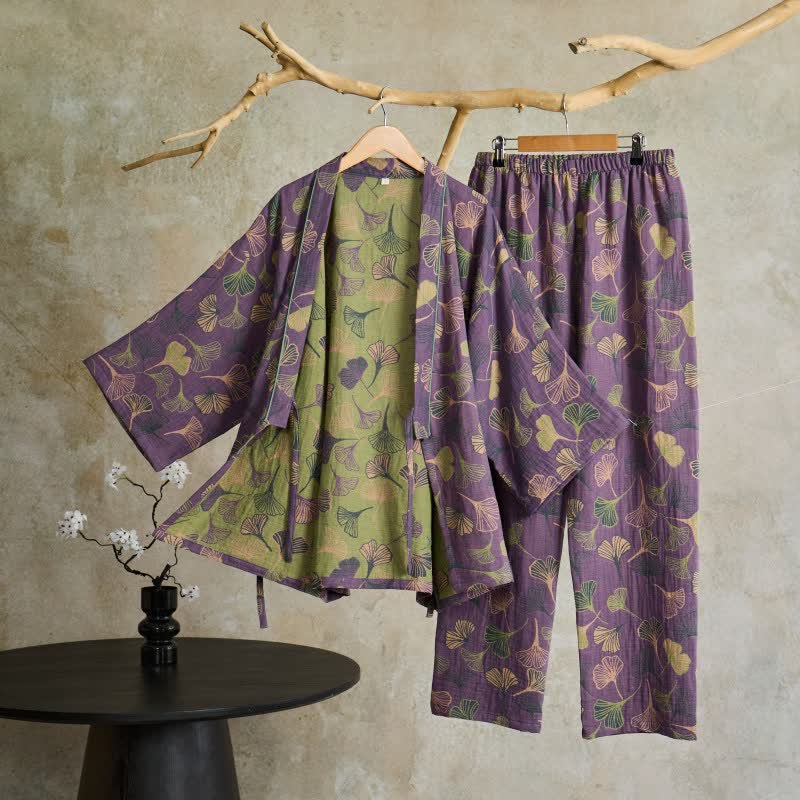 Kimono-Loungewear-Set aus Ginkgo-Baumwollgaze - Lila - XL - image 48