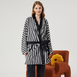 Gestreiftes Kimono-Stil Plüsch-Loungewear-Set - Schwarz - XL - image 0