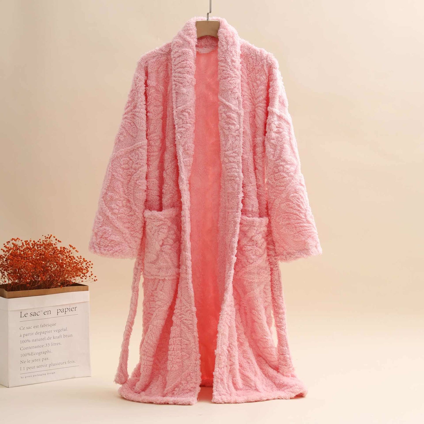 Unisex Retro Jacquard Plüsch Warmer Bademantel - Rosa - XL - image 3