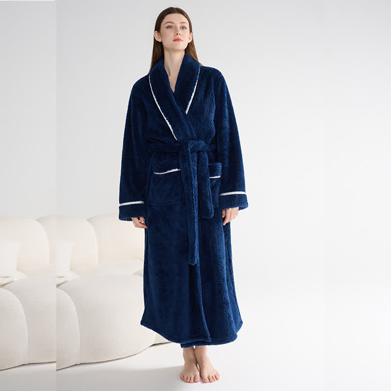 Unisex Plüsch-Bademantel, warm und einfarbig, lang - Marineblau - XL - image 8