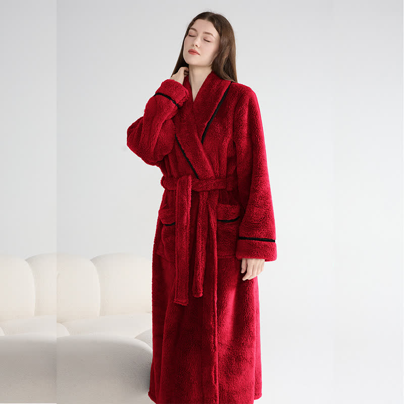 Unisex Plüsch-Bademantel, warm und einfarbig, lang - Wein - XL - image 6