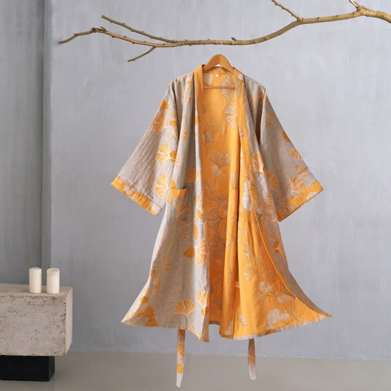 Kimono-Bademantel aus Baumwollgaze und Ginkgo - Grau & Orange - XL - image 55