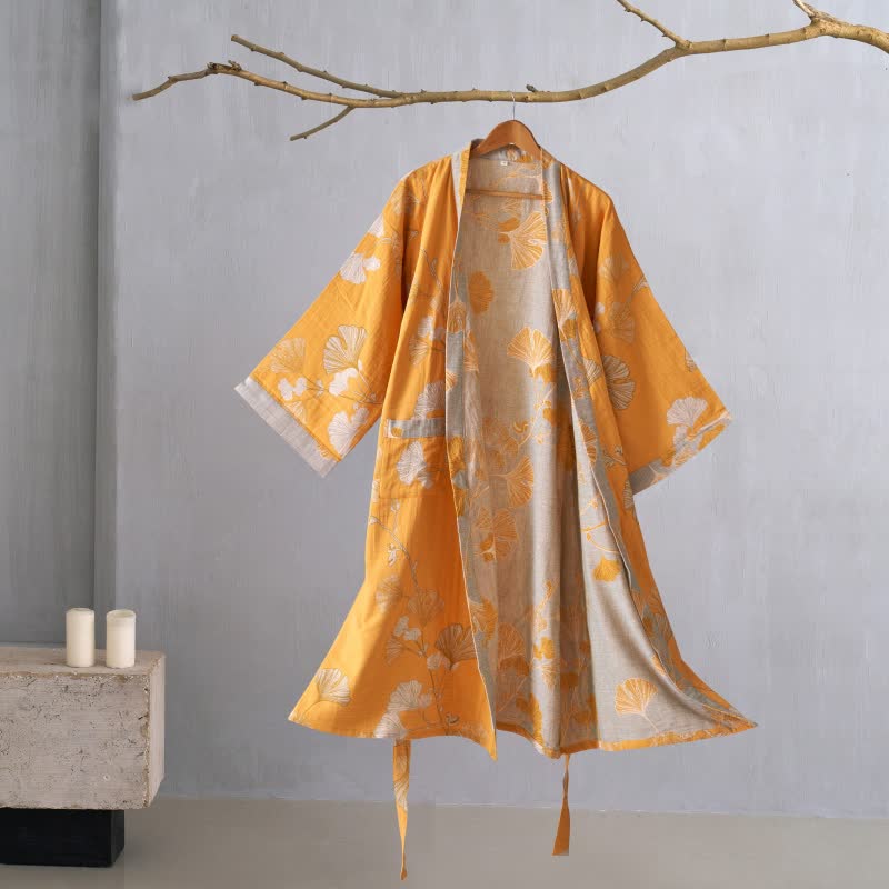 Kimono-Bademantel aus Baumwollgaze und Ginkgo - Orange - XL - image 48