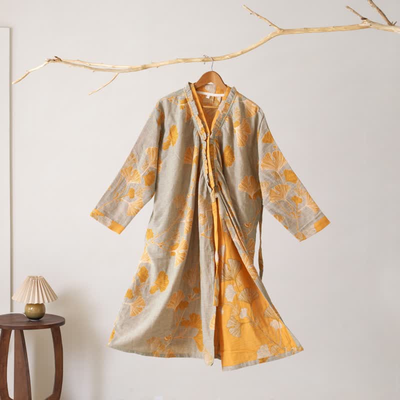 Ginkgoblatt Hanfu-inspiriertes Baumwoll-Nachthemd - Grau & Orange - XL - image 32
