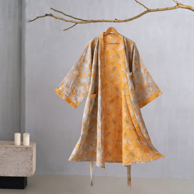 Kimono-Bademantel aus Ginkgo-Biloba-Baumwolle - Grau & Orange - XL - image 58