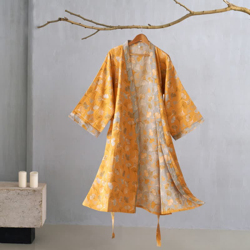 Kimono-Bademantel aus Ginkgo-Biloba-Baumwolle - Orange & Grau - XL - image 50