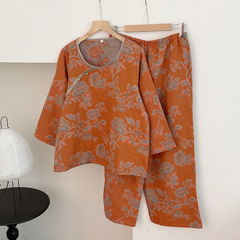 Pyjama aus Baumwollgaze im orientalischen Pfingstrosen-Stil - Orange - XL - image 3