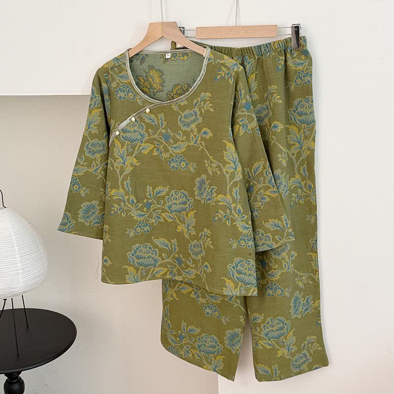 Pyjama aus Baumwollgaze im orientalischen Pfingstrosen-Stil - Grün - XL - image 1