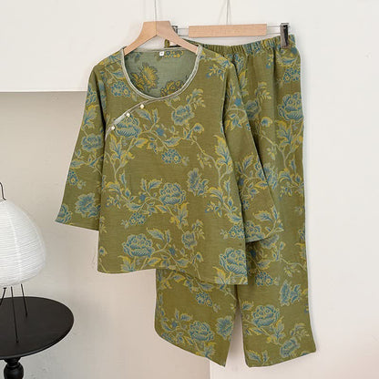 Pyjama aus Baumwollgaze im orientalischen Pfingstrosen-Stil - Grün - XL - image 1