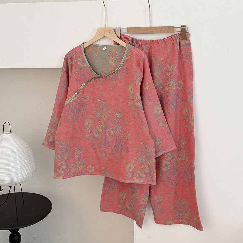 Orientalischer Pyjama aus Baumwollgaze mit rosa Pfingstrosenmuster - Dunkelrosa - XL - image 0