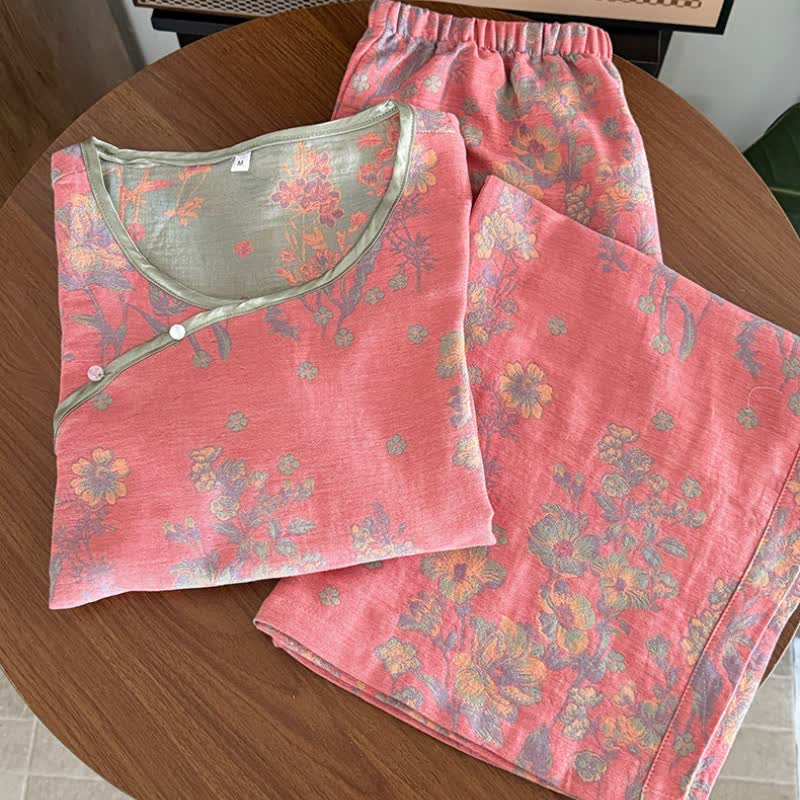 Orientalischer Pyjama aus Baumwollgaze mit rosa Pfingstrosenmuster - image 2