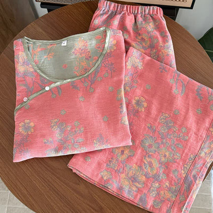 Orientalischer Pyjama aus Baumwollgaze mit rosa Pfingstrosenmuster - image 2