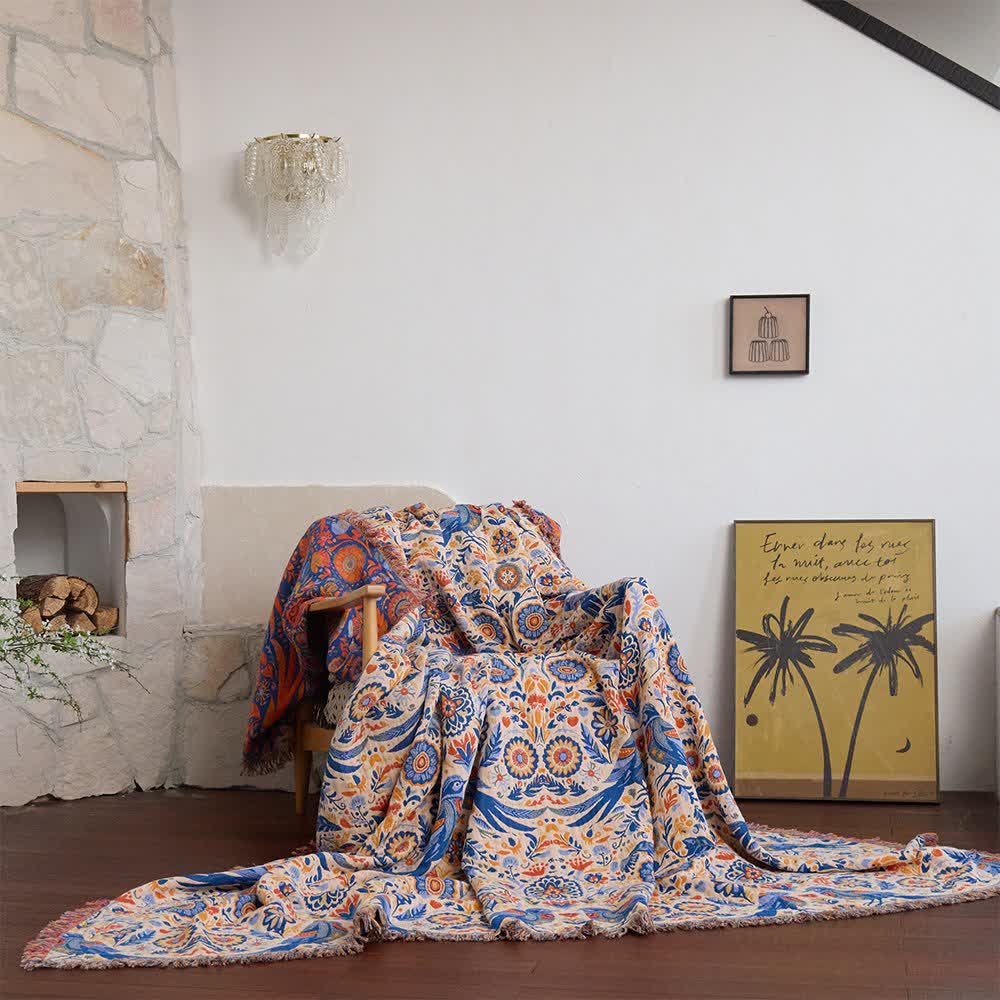 Vintage-Decke aus Baumwollgaze mit Vogelmotiv und Quasten - 230cm x 250cm - image 0