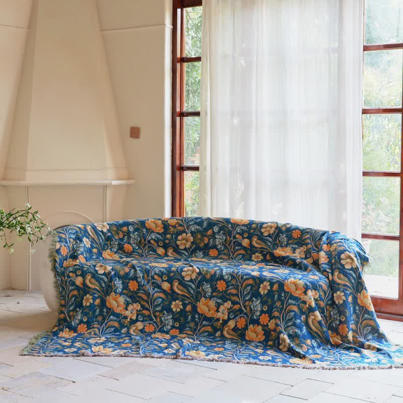 Bunte Baumwolldecke mit Blumen-, Vogel- und Quastenmuster - image 1