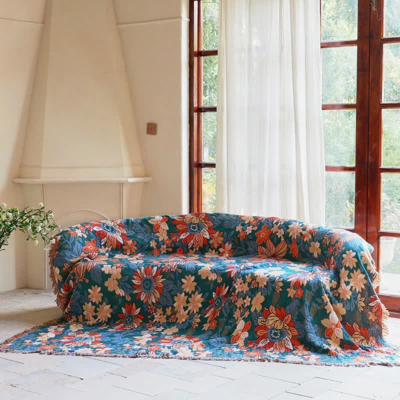 Decke aus Baumwolle mit blühendem Blumenmuster und Quasten - image 1