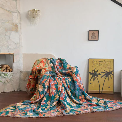 Decke aus Baumwolle mit blühendem Blumenmuster und Quasten - 230cm x 250cm - image 0
