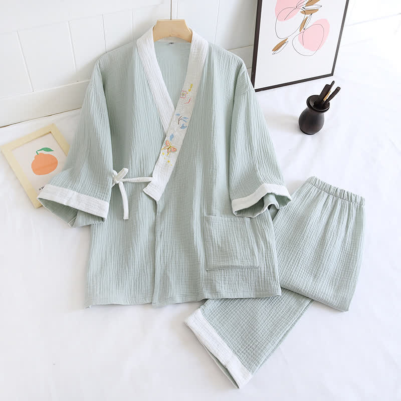 Kimono-Loungewear aus Baumwollgaze mit Schmetterlingsstickerei - Grün - XL - image 17