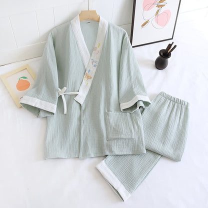 Kimono-Loungewear aus Baumwollgaze mit Schmetterlingsstickerei - Grün - XL - image 17