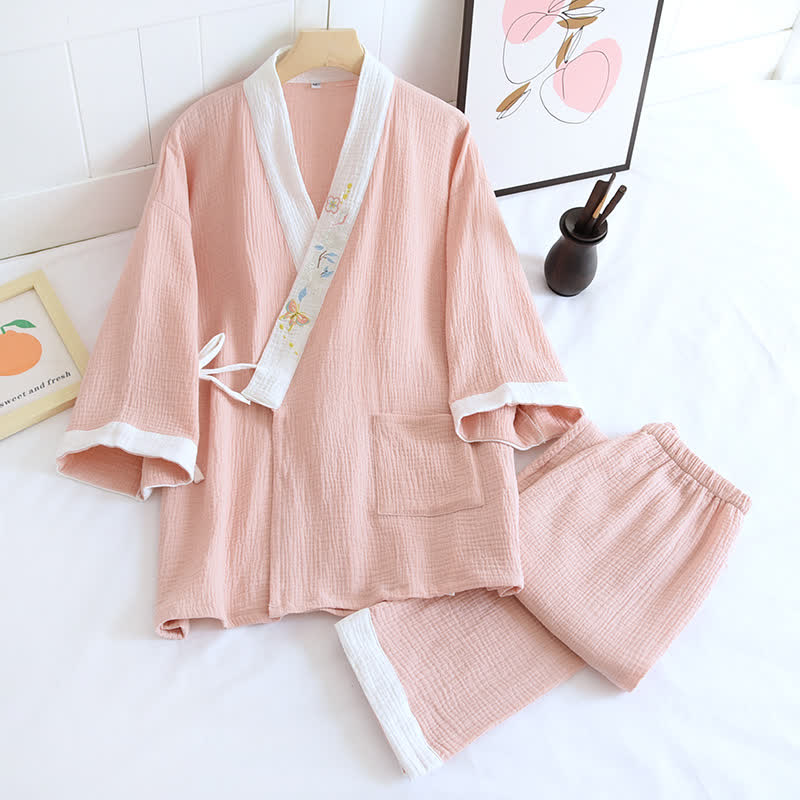 Kimono-Loungewear aus Baumwollgaze mit Schmetterlingsstickerei - Rosa - XL - image 3