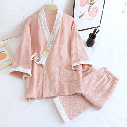 Kimono-Loungewear aus Baumwollgaze mit Schmetterlingsstickerei - Rosa - XL - image 3