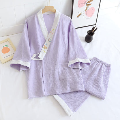 Kimono-Loungewear aus Baumwollgaze mit Schmetterlingsstickerei - Hellviolett - XL - image 16