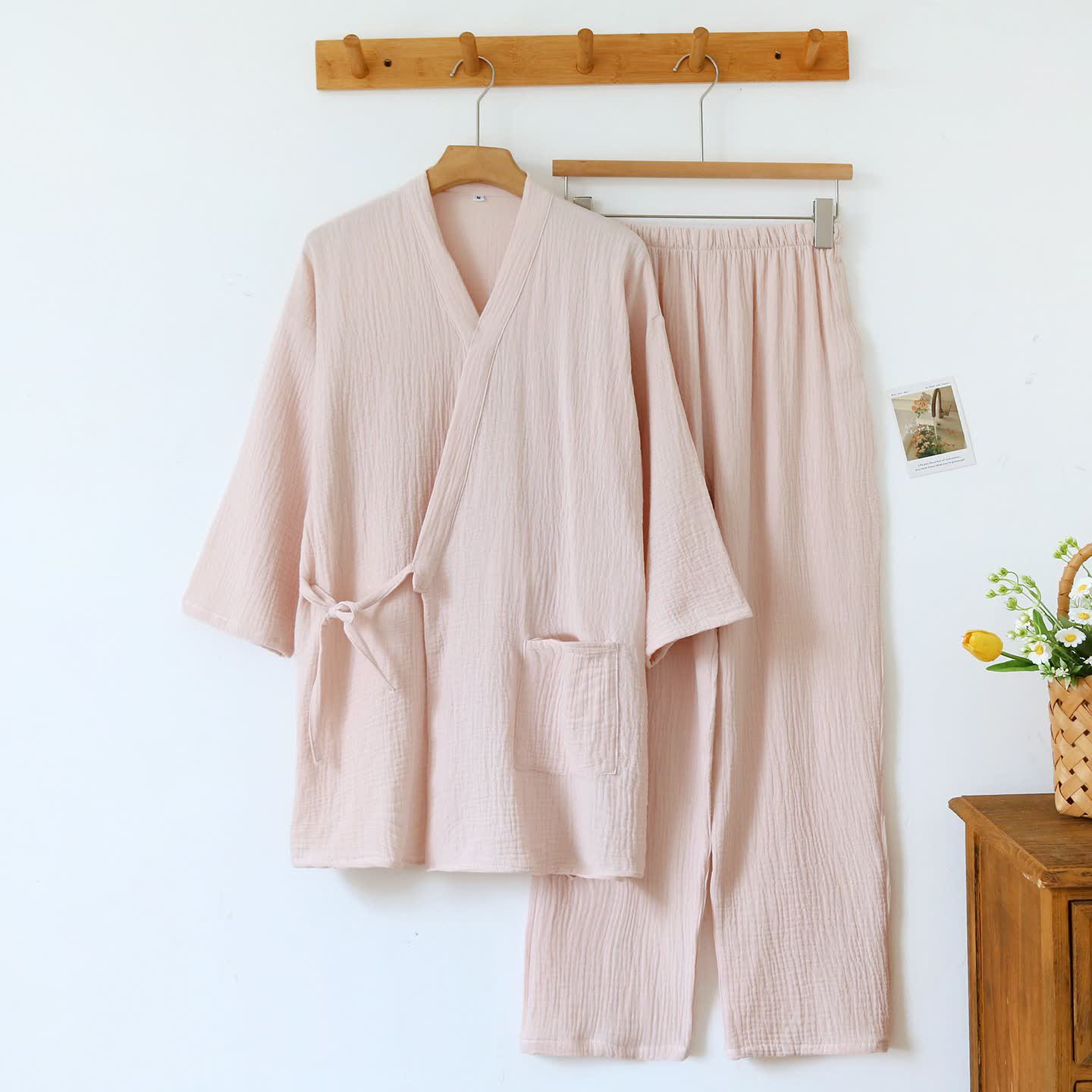 Unisex Minimalistischer Kimono aus Baumwollgaze Loungewear - Rosa - Damen XL - image 3